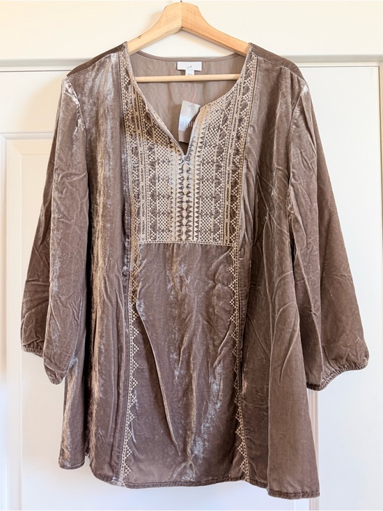 J. Jill Tops - J. Jill Mocha Velvet Tunic with Embroidered Yoke